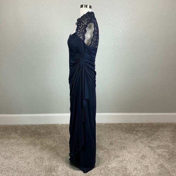 XSCAPE Chiffon Lace Trim Collar Short Sleeve Evening Gown Blue Size 14P Dress - Picture 5 of 12